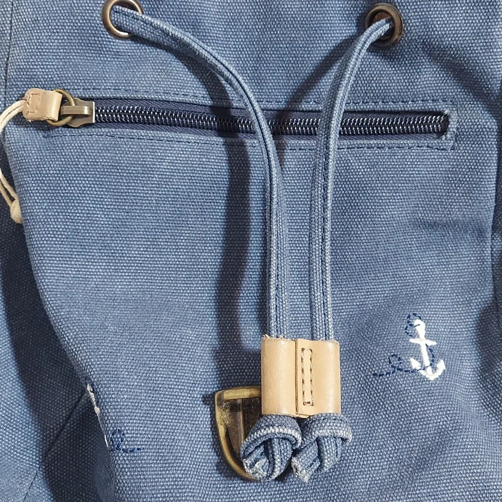 L.L. Bean Vintage Canvas & Leather Backpack Small Anchor Pattern Nautical Boho - Picture 9 of 13